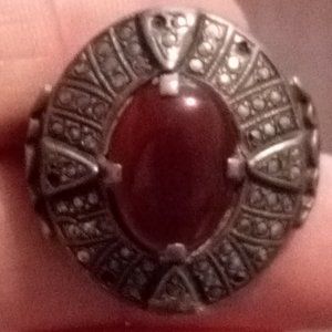 Sterling Silver Art Deco Ring with Garnet Center Gem Size 7.5
